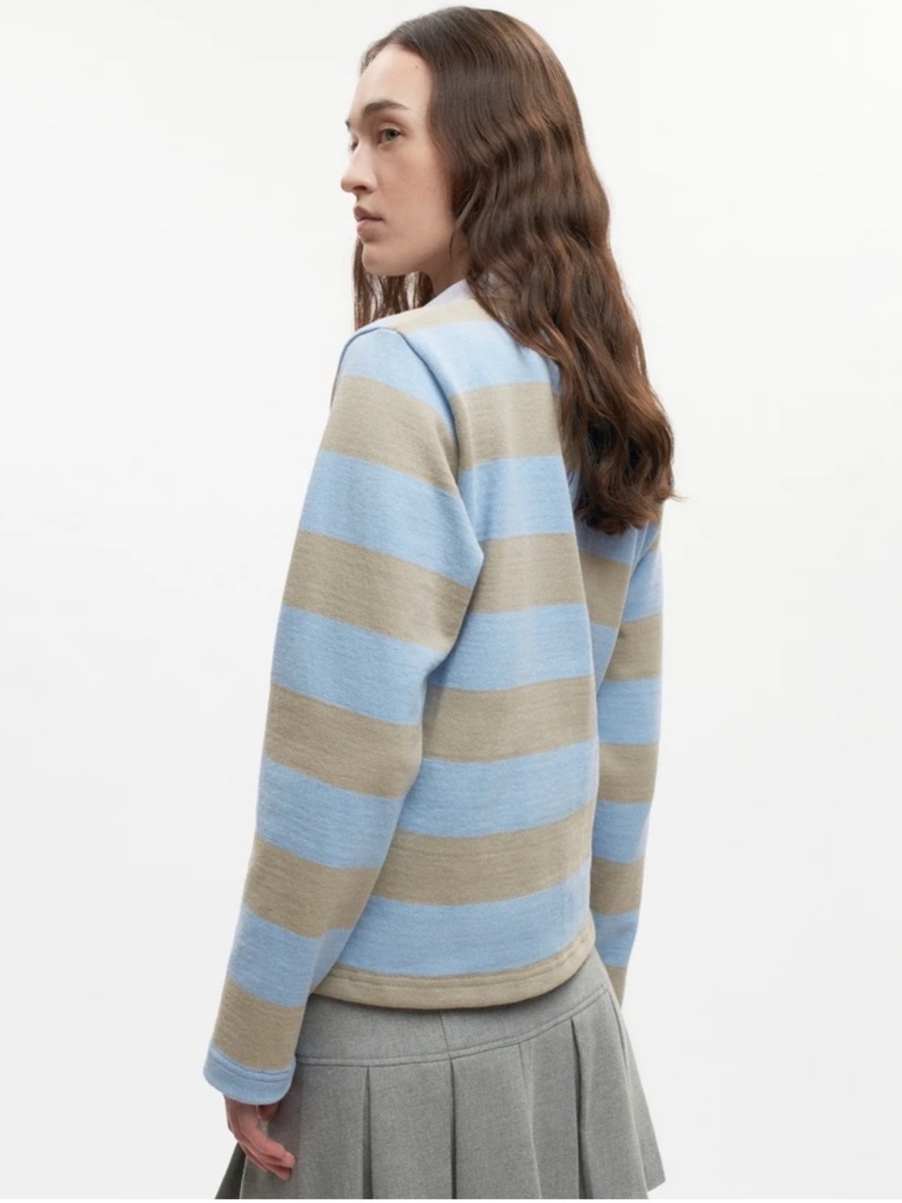 KOTN Shrunken Rugby Shirt - Taupe/Powder Cropped Striped Cotton Longsleeve - Picture 2 of 6